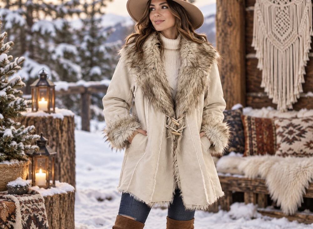 a.n.a Women Penny Lane Faux Suede Fur Beige XL Mid-Length Sherpa Lined Boho Chic